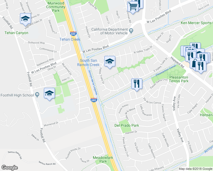 map of restaurants, bars, coffee shops, grocery stores, and more near 7030 Valley Trails Drive in Pleasanton