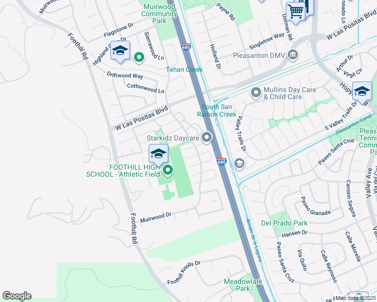 map of restaurants, bars, coffee shops, grocery stores, and more near 7444 Pecan Court in Pleasanton