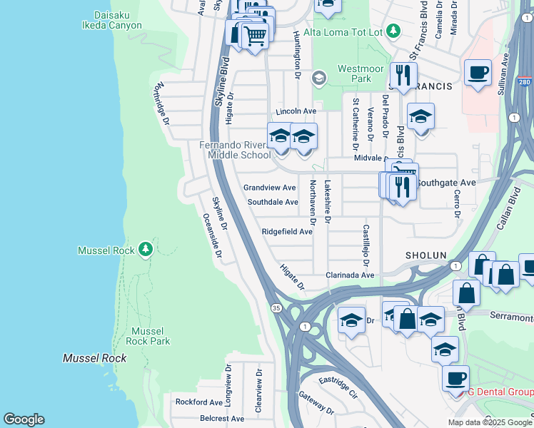 map of restaurants, bars, coffee shops, grocery stores, and more near 278 Belhaven Avenue in Daly City