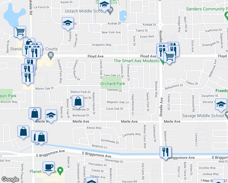 map of restaurants, bars, coffee shops, grocery stores, and more near 2628 Oaklawn Drive in Modesto