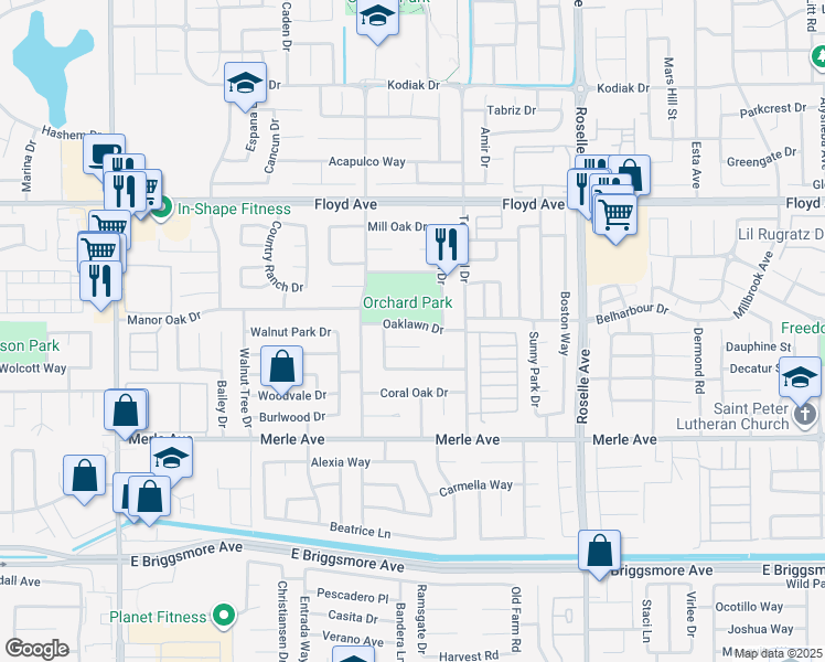 map of restaurants, bars, coffee shops, grocery stores, and more near 2628 Oaklawn Drive in Modesto