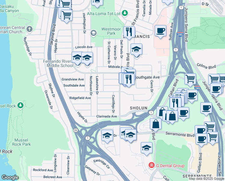map of restaurants, bars, coffee shops, grocery stores, and more near 28 Belhaven Avenue in Daly City