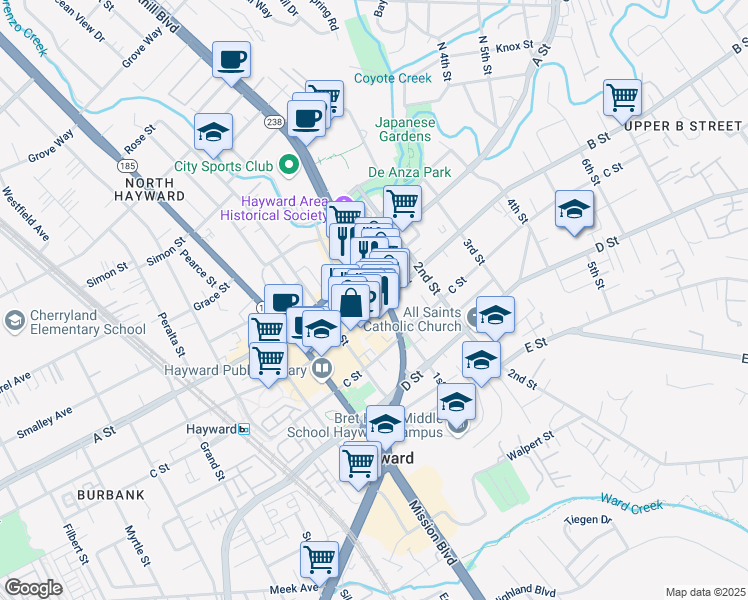 map of restaurants, bars, coffee shops, grocery stores, and more near 1068 B Street in Hayward