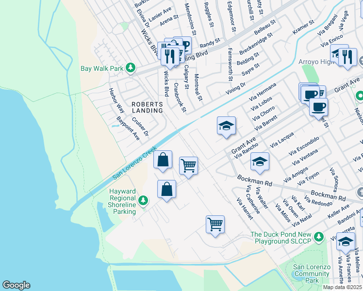 map of restaurants, bars, coffee shops, grocery stores, and more near 15725 Railroad Avenue in San Lorenzo
