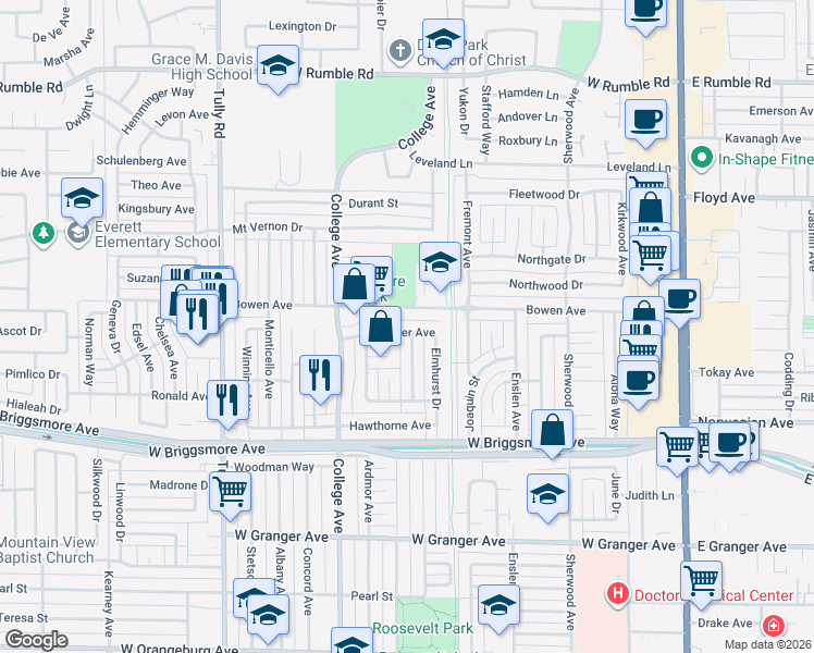 map of restaurants, bars, coffee shops, grocery stores, and more near 913 Whittier Avenue in Modesto