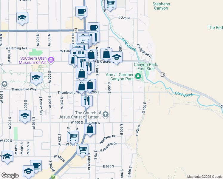 map of restaurants, bars, coffee shops, grocery stores, and more near 187 South 200 East in Cedar City