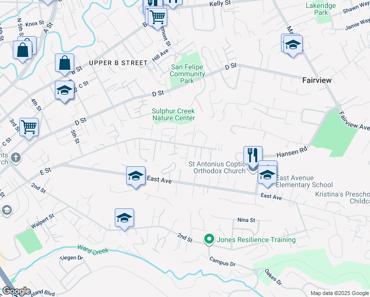 map of restaurants, bars, coffee shops, grocery stores, and more near 1923 E Street in Hayward