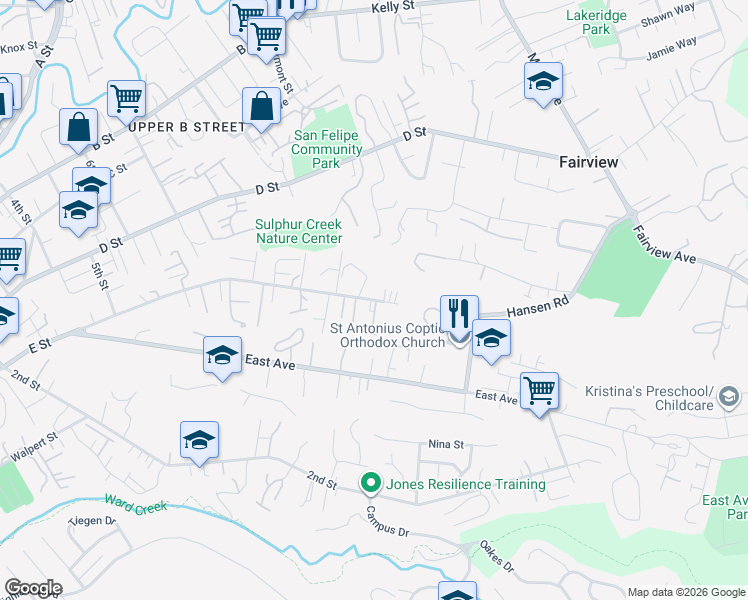 map of restaurants, bars, coffee shops, grocery stores, and more near 2035 E Street in Hayward