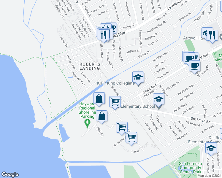 map of restaurants, bars, coffee shops, grocery stores, and more near 15725 Railroad Avenue in San Lorenzo