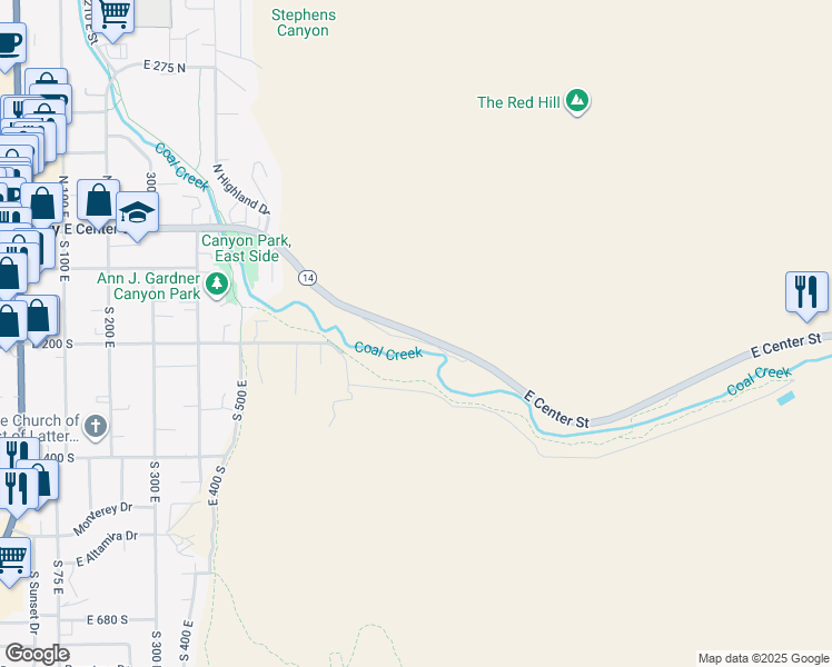 map of restaurants, bars, coffee shops, grocery stores, and more near Utah 14 in Cedar City