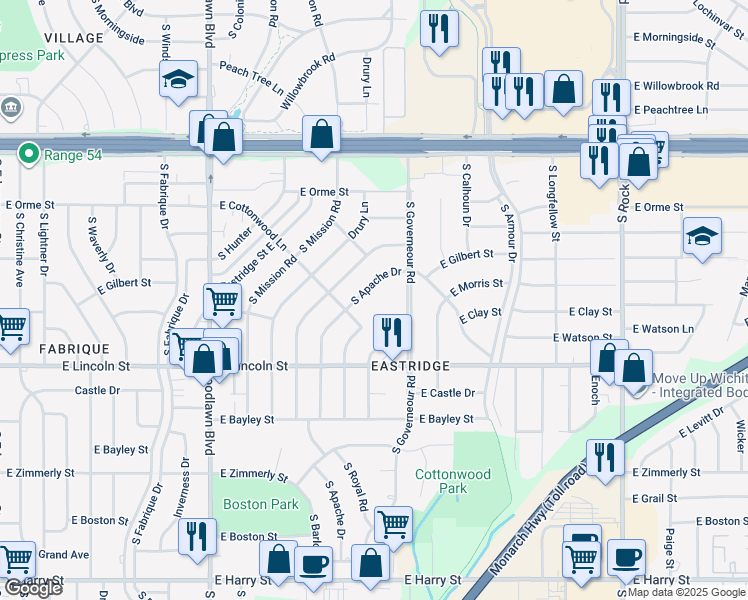 map of restaurants, bars, coffee shops, grocery stores, and more near 650 South Apache Drive in Wichita