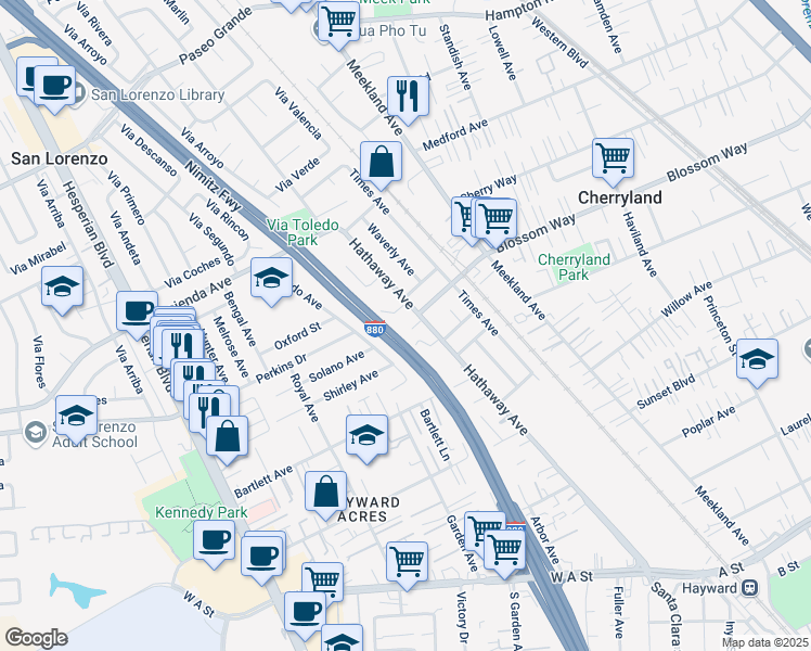 map of restaurants, bars, coffee shops, grocery stores, and more near 227 Bunny Court in Hayward