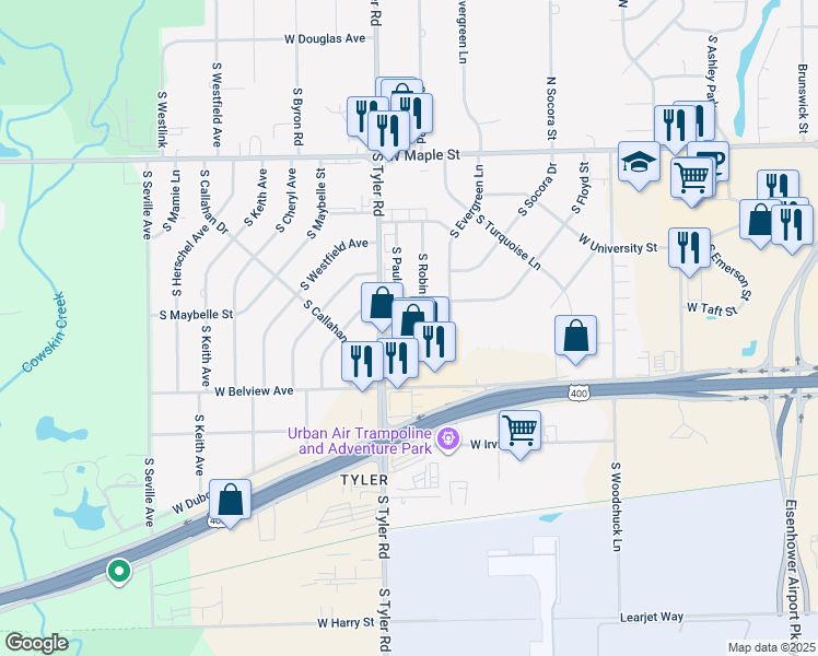 map of restaurants, bars, coffee shops, grocery stores, and more near 556 South Tyler Road in Wichita