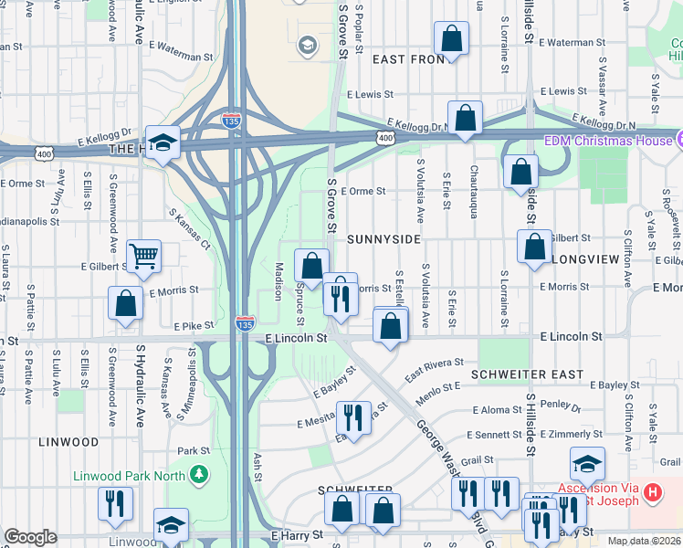 map of restaurants, bars, coffee shops, grocery stores, and more near 733 South Poplar Street in Wichita