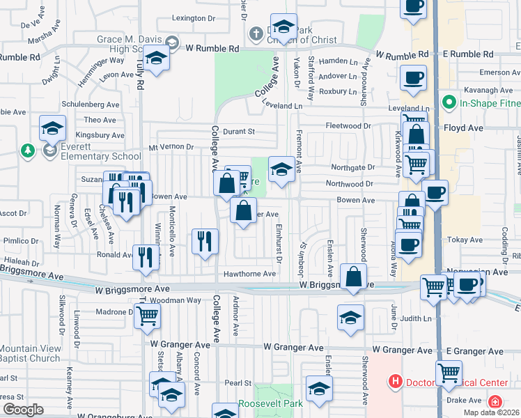 map of restaurants, bars, coffee shops, grocery stores, and more near 913 Whittier Avenue in Modesto