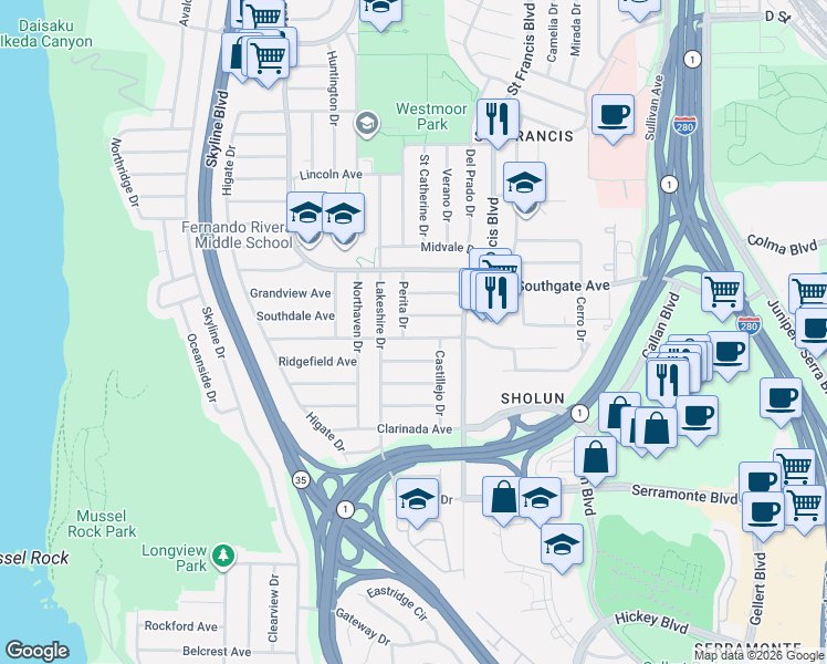 map of restaurants, bars, coffee shops, grocery stores, and more near 81 Belhaven Avenue in Daly City