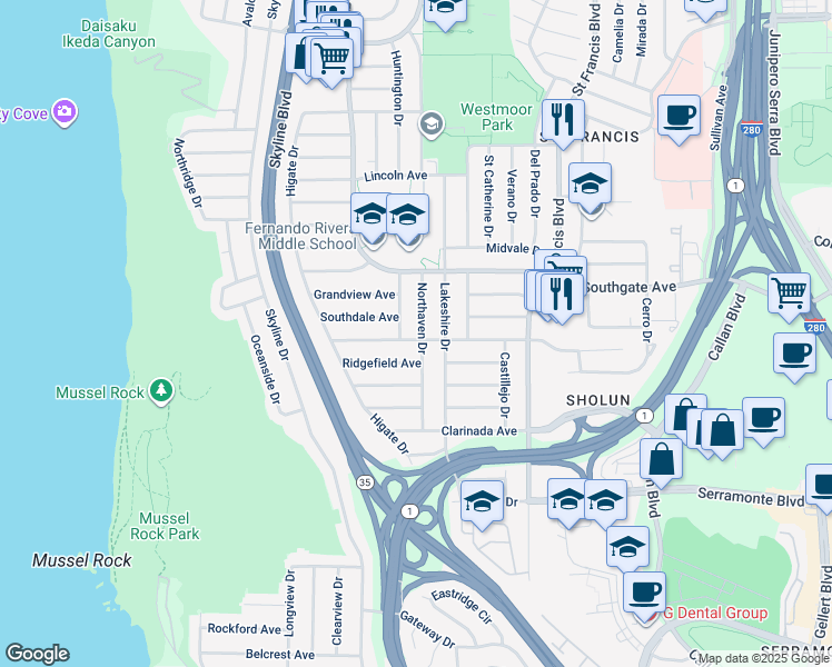 map of restaurants, bars, coffee shops, grocery stores, and more near 175 Belhaven Avenue in Daly City