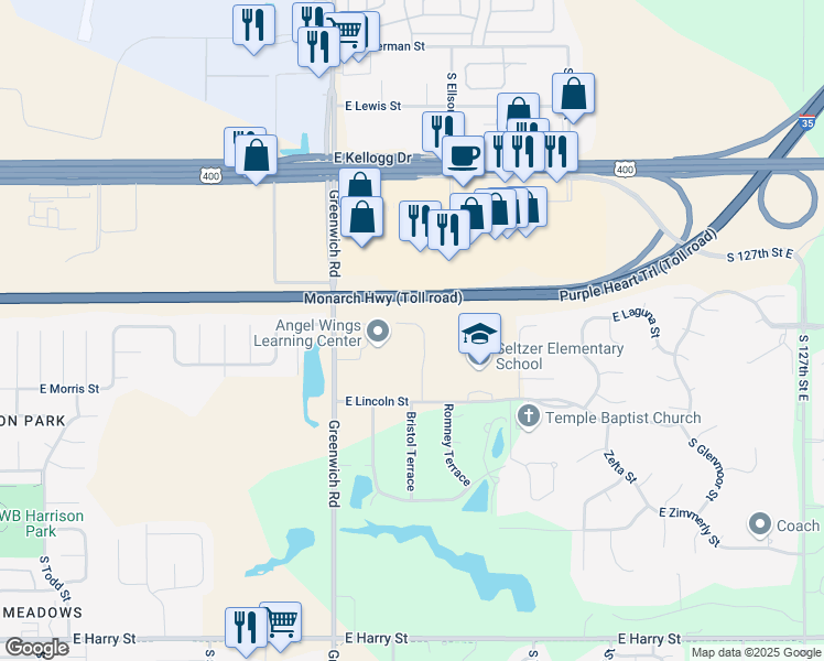 map of restaurants, bars, coffee shops, grocery stores, and more near 715 Bristol Circle in Wichita