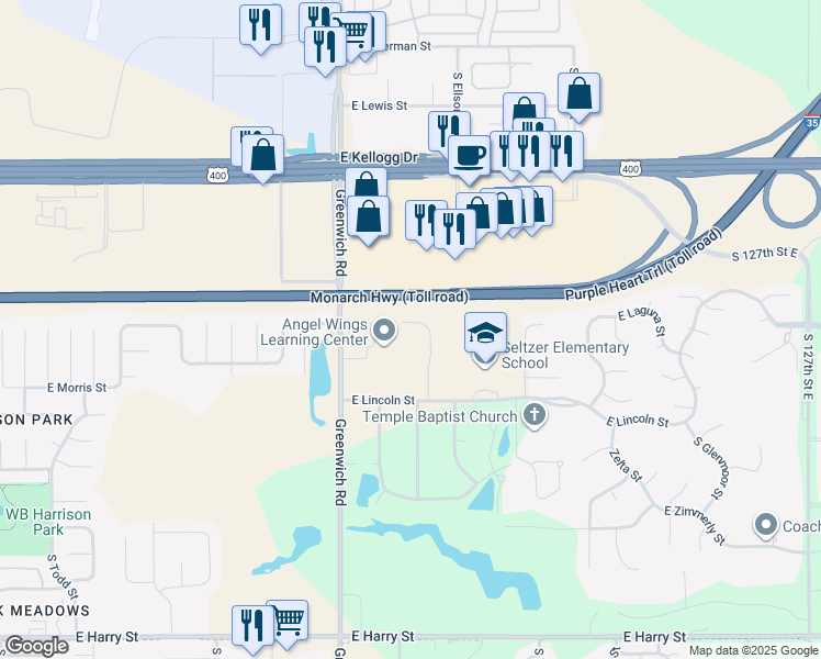 map of restaurants, bars, coffee shops, grocery stores, and more near 715 Bristol Circle in Wichita