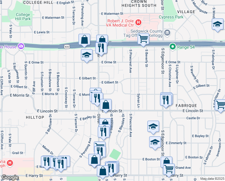 map of restaurants, bars, coffee shops, grocery stores, and more near 4919 East Morris Street in Wichita