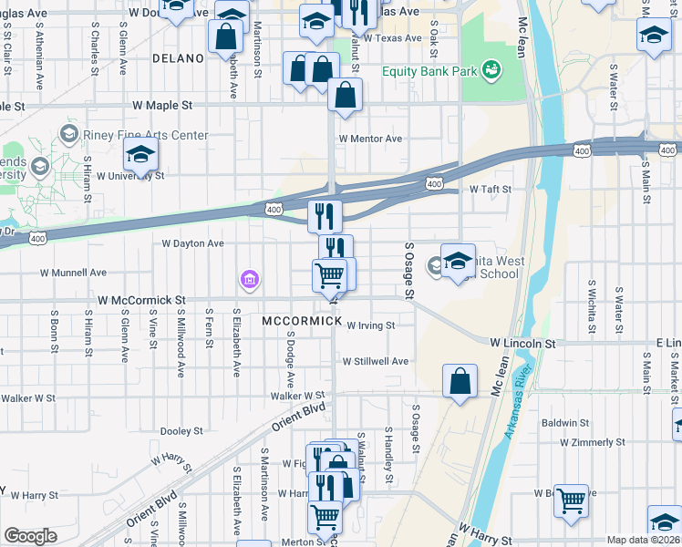 map of restaurants, bars, coffee shops, grocery stores, and more near in Wichita