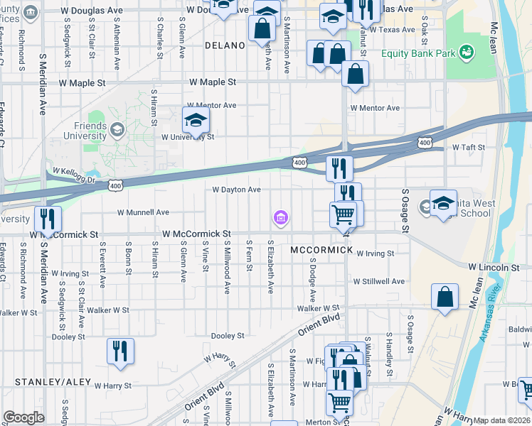 map of restaurants, bars, coffee shops, grocery stores, and more near 837 South Elizabeth in Wichita