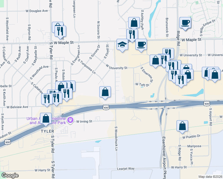 map of restaurants, bars, coffee shops, grocery stores, and more near 8020 South Woodchuck in Wichita