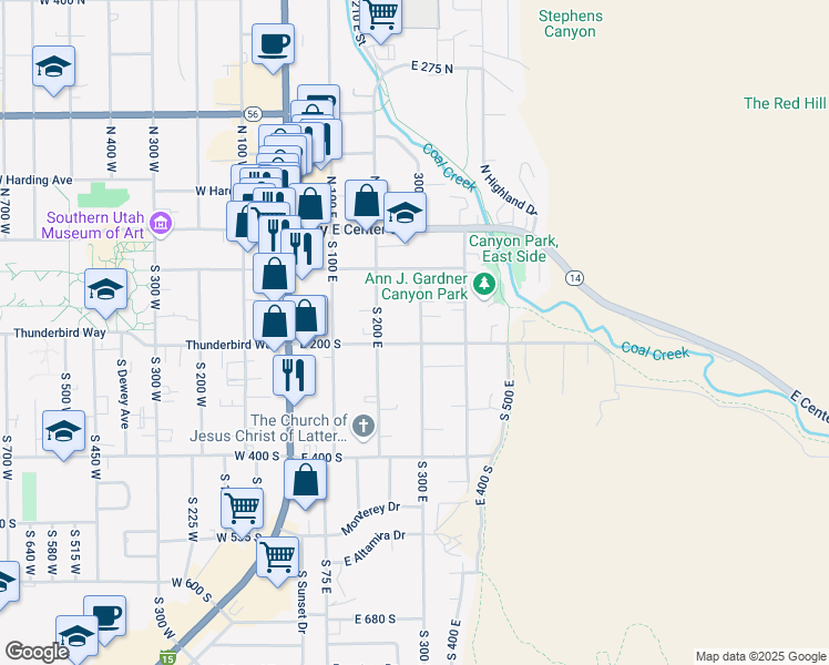 map of restaurants, bars, coffee shops, grocery stores, and more near 186 South 300 East in Cedar City