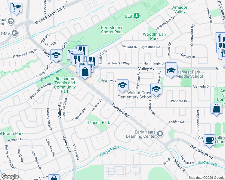 map of restaurants, bars, coffee shops, grocery stores, and more near 2179 Goldcrest Circle in Pleasanton