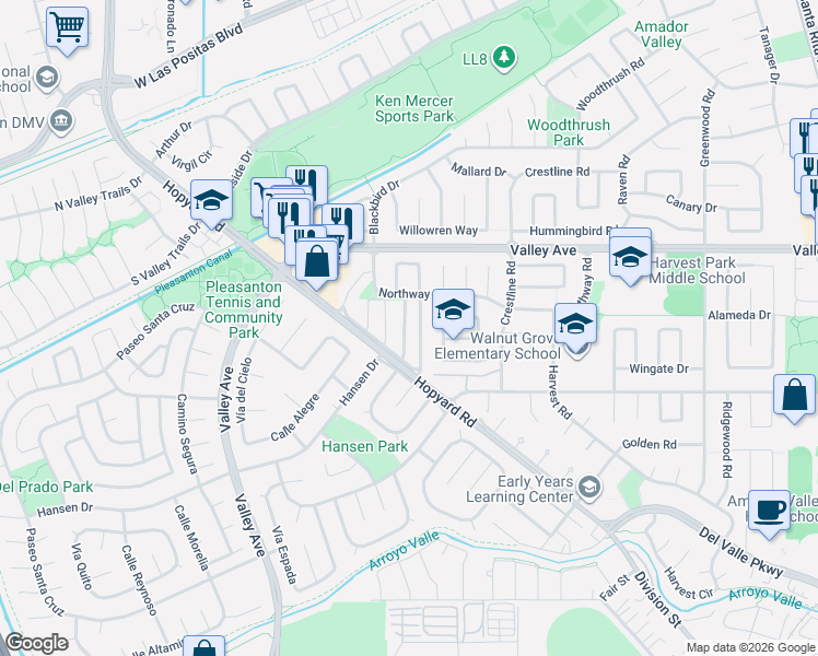map of restaurants, bars, coffee shops, grocery stores, and more near 2179 Goldcrest Circle in Pleasanton