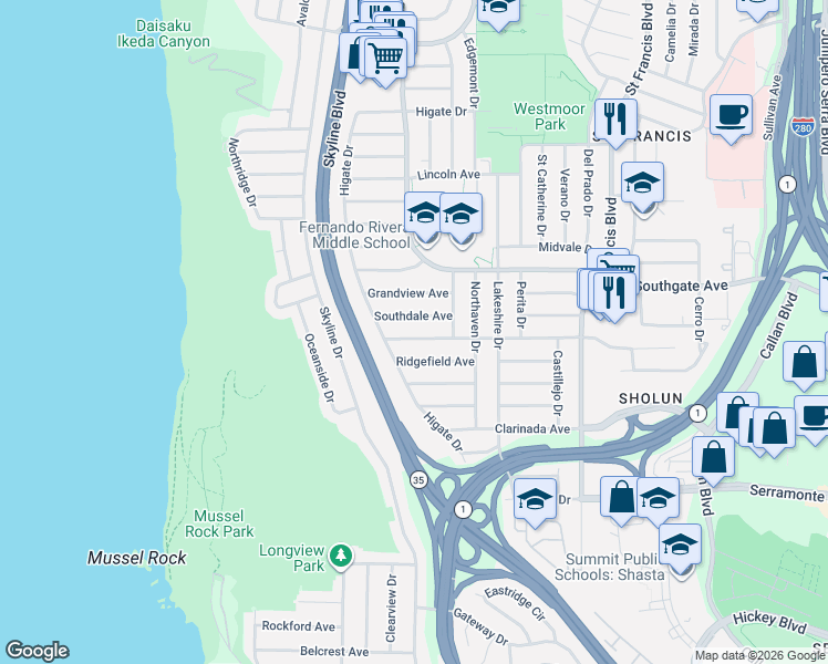 map of restaurants, bars, coffee shops, grocery stores, and more near 278 Belhaven Avenue in Daly City
