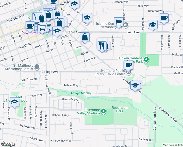 map of restaurants, bars, coffee shops, grocery stores, and more near 2589 College Avenue in Livermore