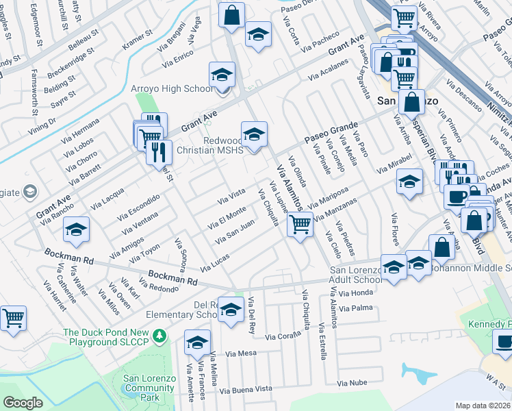 map of restaurants, bars, coffee shops, grocery stores, and more near 1266 Vía El Monte in San Lorenzo