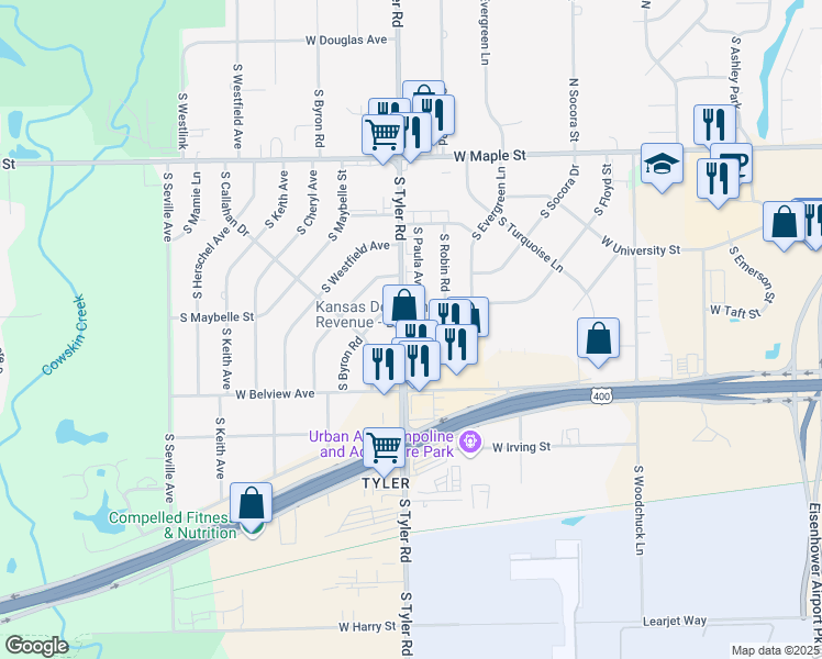 map of restaurants, bars, coffee shops, grocery stores, and more near 552 South Tyler Road in Wichita