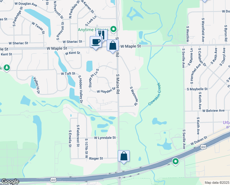 map of restaurants, bars, coffee shops, grocery stores, and more near 10407 Hayden Court in Wichita