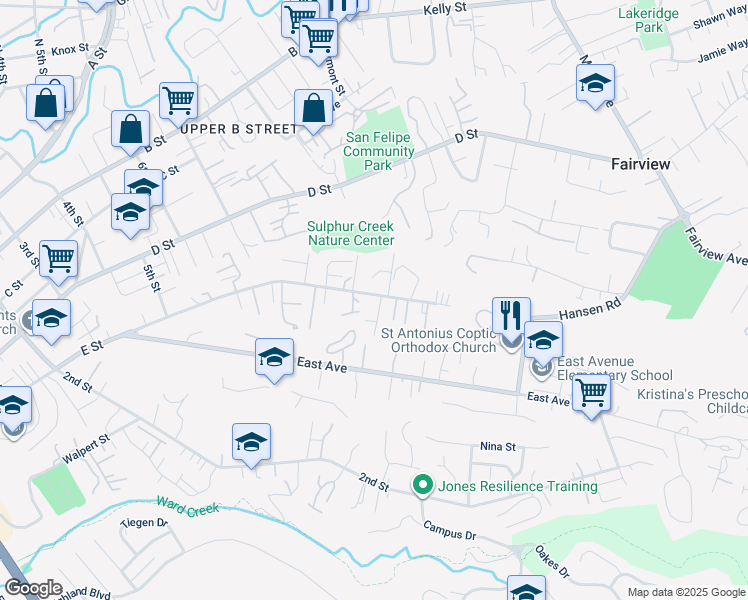 map of restaurants, bars, coffee shops, grocery stores, and more near 1923 E Street in Hayward