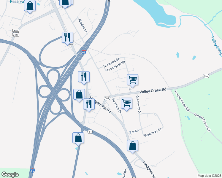 map of restaurants, bars, coffee shops, grocery stores, and more near 1131-1199 Hawkins Drive in Elizabethtown