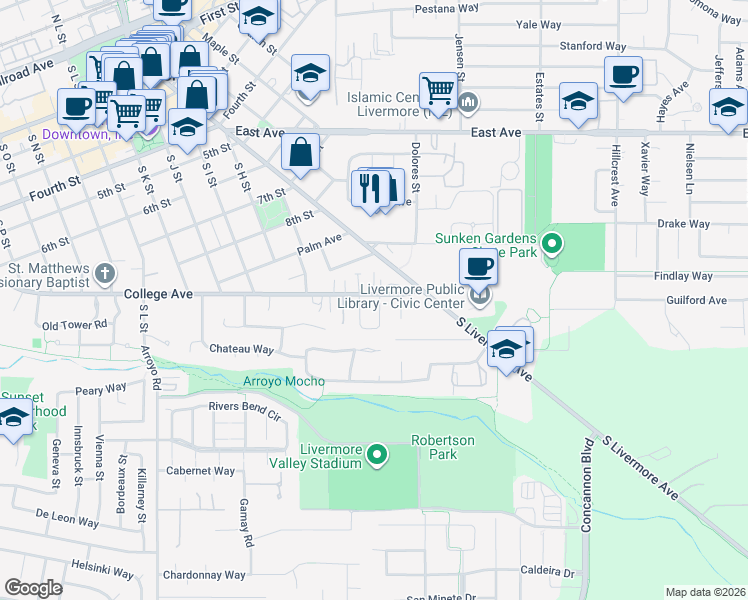 map of restaurants, bars, coffee shops, grocery stores, and more near 1117 Riesling Circle in Livermore