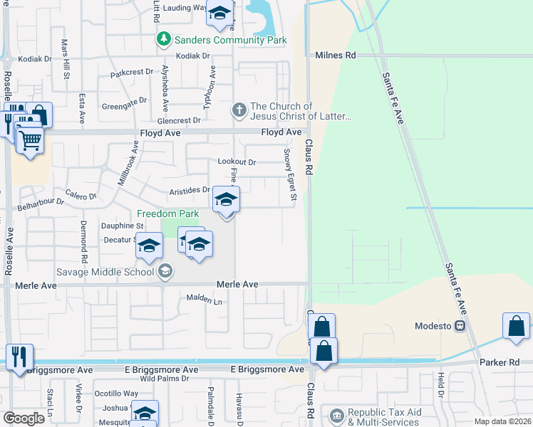 map of restaurants, bars, coffee shops, grocery stores, and more near 3840 Sharon Avenue in Modesto