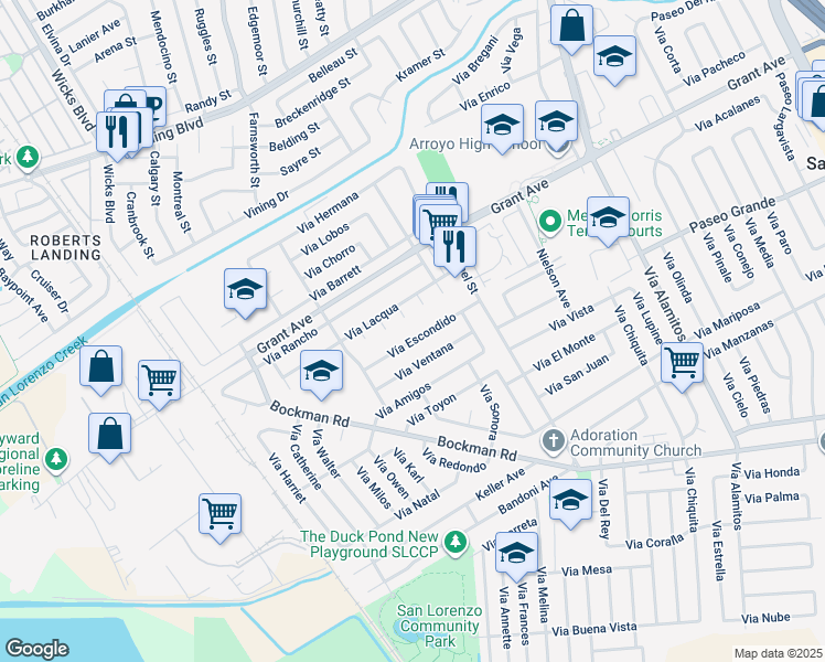 map of restaurants, bars, coffee shops, grocery stores, and more near 1655 Vía Escondido in San Lorenzo