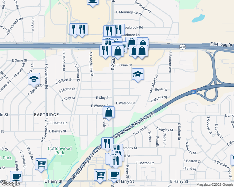 map of restaurants, bars, coffee shops, grocery stores, and more near 8013 East Clay Street in Wichita