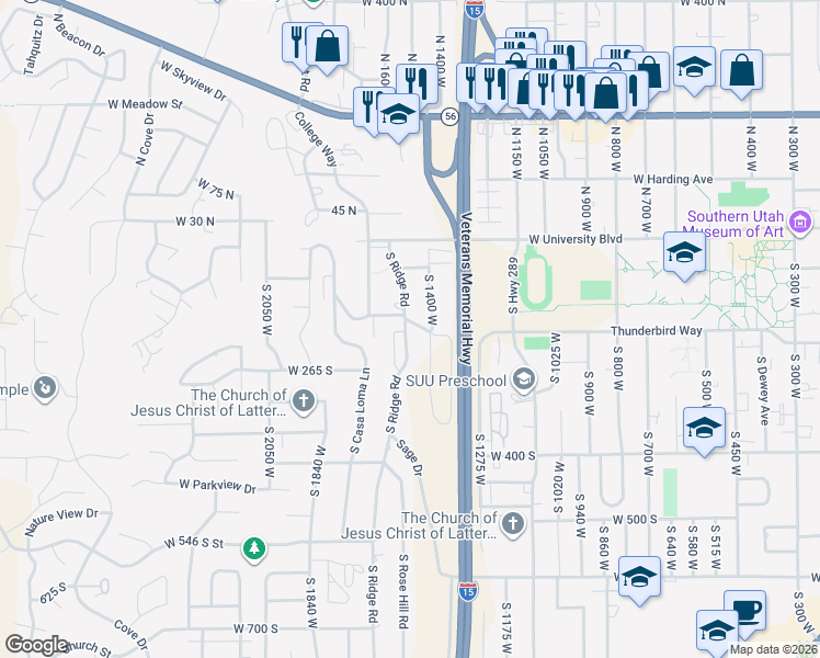map of restaurants, bars, coffee shops, grocery stores, and more near 201 South Ridge Road in Cedar City