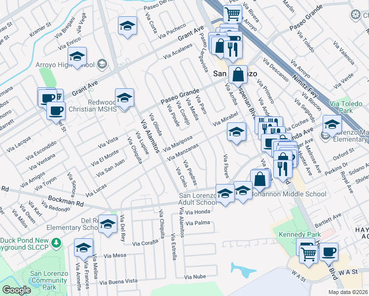 map of restaurants, bars, coffee shops, grocery stores, and more near 871 Via Manzanas in San Lorenzo