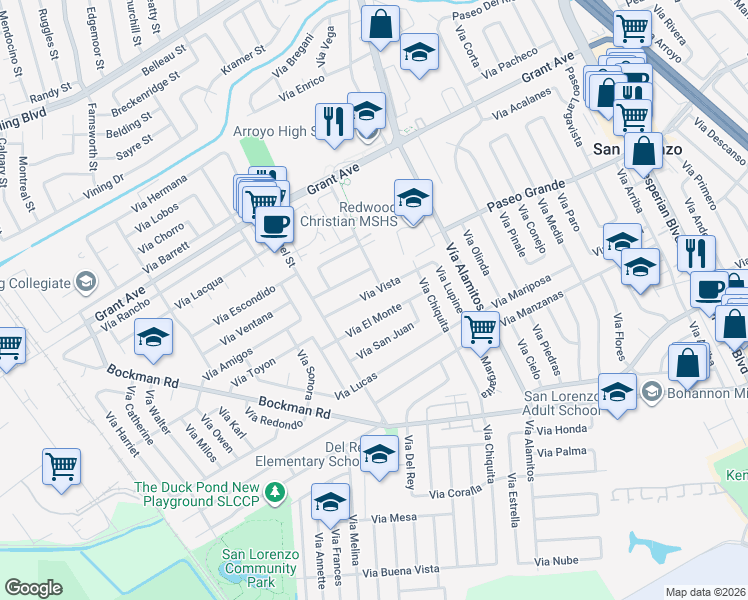 map of restaurants, bars, coffee shops, grocery stores, and more near 1373 Vía El Monte in San Lorenzo