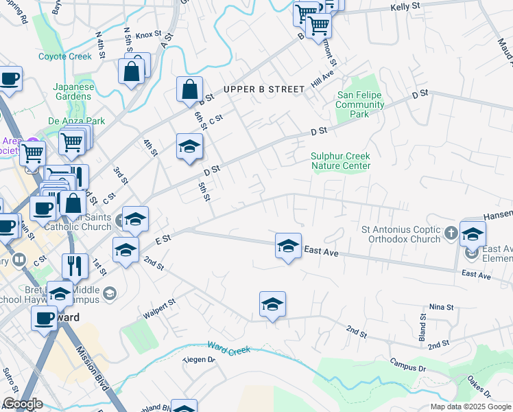 map of restaurants, bars, coffee shops, grocery stores, and more near 1615 E Street in Hayward