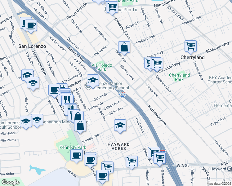 map of restaurants, bars, coffee shops, grocery stores, and more near 19502 Ricardo Avenue in Hayward