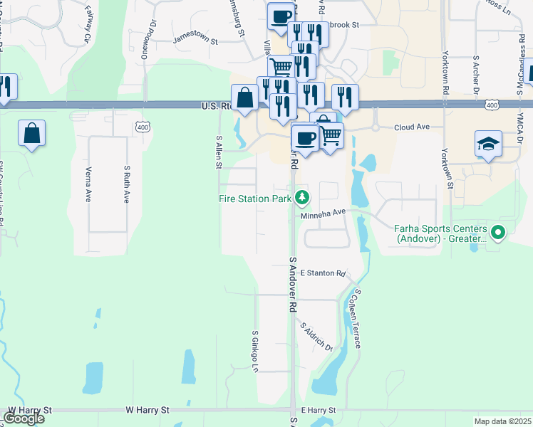 map of restaurants, bars, coffee shops, grocery stores, and more near 744 South Daisy Lane in Andover