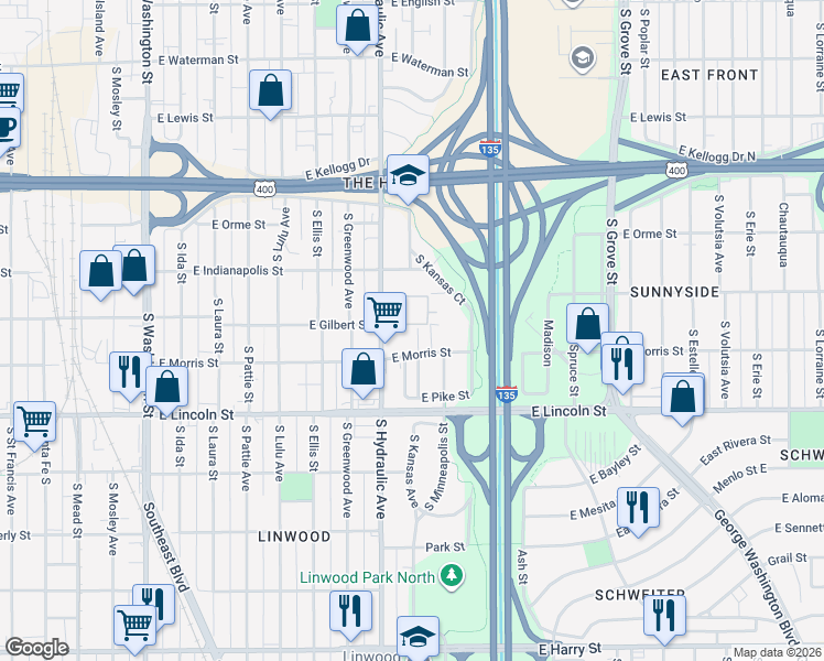 map of restaurants, bars, coffee shops, grocery stores, and more near 1052 South Kansas Street in Wichita