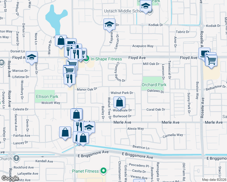 map of restaurants, bars, coffee shops, grocery stores, and more near 2400 Walnut Park Drive in Modesto