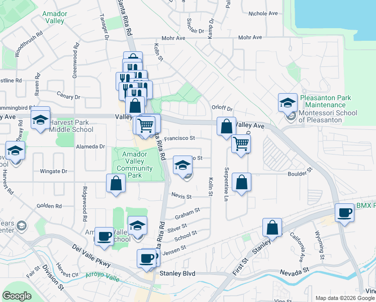 map of restaurants, bars, coffee shops, grocery stores, and more near 4091 Alvarado Street in Pleasanton